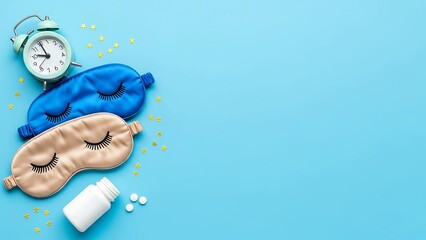 Sleep hygiene and insomnia treatment concept with eye masks, an alarm clock, and sleeping pills on a blue background with copy space