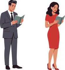 Sophisticated readers, business attire, focused professionals, reading activity, elegance portrayal, intellectual engagement, corporate setting, book lovers