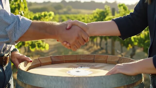 Wine Business Deal Handshake Over Wooden Barrel in Vineyard Background Sunny Day