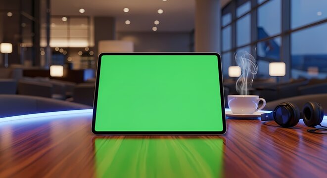 Tablet with green screen on a wooden table next to a steaming coffee cup and headphones in a modern lounge.