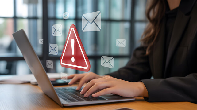 Woman Using Laptop with Email Scam Warning Alert Icon Representing Cybersecurity Phishing Fraud and Online Data Protection