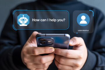 Person Using Smartphone Chatbot Interface with AI Virtual Assistant and User Profile for Online Customer Support and Help