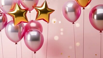Festive celebration with gold star and pink balloons against a glittery background - Powered by Adobe