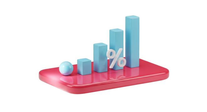 3D bar chart with percentage symbol and sphere isolated on a transparent background graph
