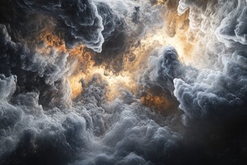 Fototapeta premium Abstract art depicting a turbulent, swirling mass of grey and orange clouds, resembling a cosmic landscape.