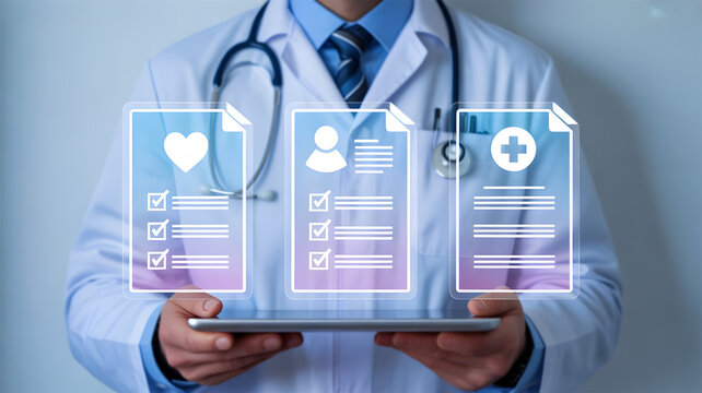 Doctor Using Digital Tablet with Medical Records Icons Showing Patient Health Data and Online Healthcare Information Management