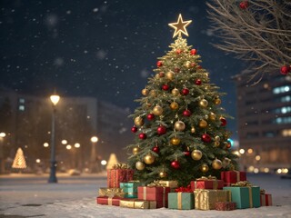 Obraz premium Festive Christmas Tree with Gifts in Snowy City Square at Night silhouette