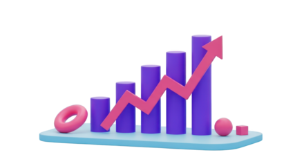 3D bar chart with pink arrow and geometric shapes isolated on a transparent background graph