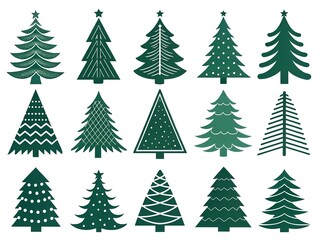 Collection of Fifteen Stylized Christmas Trees in Various Shapes and Designs Holiday Season Vector Silhouette