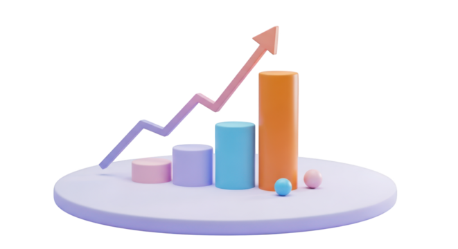 3D bar chart with upward trending arrow and spheres isolated on a transparent background graph