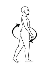 Woman walking with arrows indicating hip movement, line art