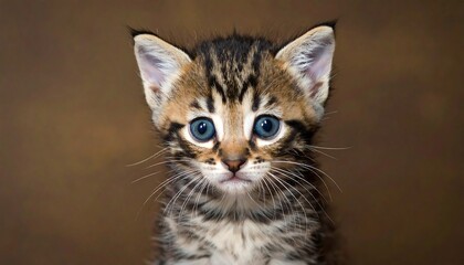 Fototapeta premium A captivating close-up portrait of a kitten with striking blue eyes and a spotted coat against a rich brown background.