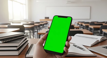 A hand holding a smartphone with a green screen in a classroom setting with books and a laptop on the desk.