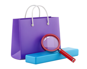 Purple shopping bag with red magnifying glass on blue platform purple bag retail