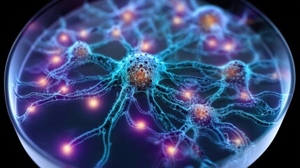 Obraz premium Vibrant purple and blue neurons with glowing dendrites and axons form a complex network,