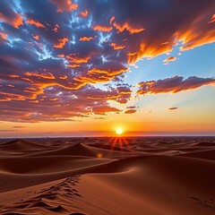 Fiery hues paint the Sahara sky as the sun dips below the horizon, casting long shadows across endless sand dunes, heat, majestic