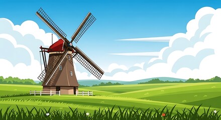 Windmill in Green Field. (1)