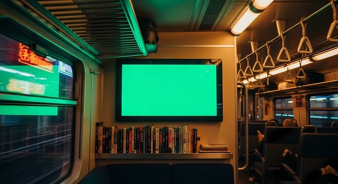 Interior of a train car with a green screen TV and books on a shelf.