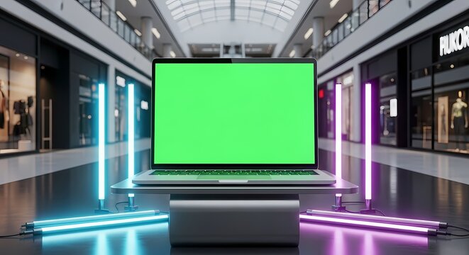 Modern laptop with a blank green screen on a podium in a shopping mall, surrounded by glowing neon lights.