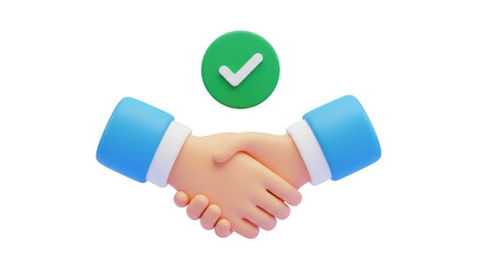 3D cartoon handshake with green checkmark isolated on a transparent background agreement deal