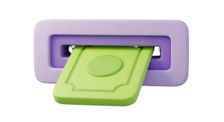 3D cartoon cash dispenser with green banknote isolated on a transparent background money currency