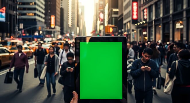 Person holding a green screen tablet in a bustling city street with pedestrians and tall buildings. - Powered by Adobe