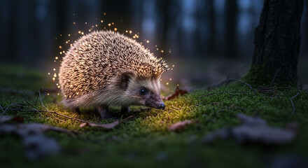 Hedgehog in forest at night with magical glowing lights wildlife animal photography stock image free download