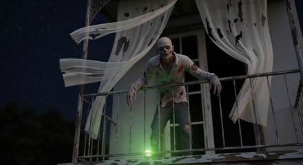 Zombie on a balcony illuminated by a green glow tattered white curtains hang