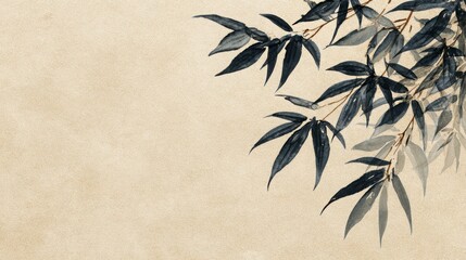 Minimalist Japanese ink-style bamboo leaves over warm beige washi texture