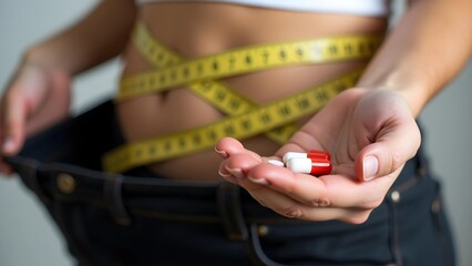 Concept of achieving weight loss goals with dietary supplements, shown by a slim waist, measuring tape, and oversized pants