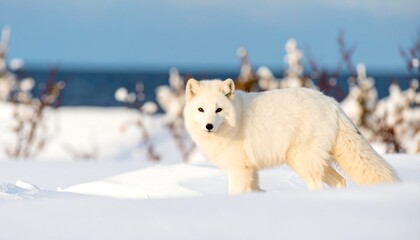 White Arctic fox stands in a snowy field with blurred trees and a blue horizon