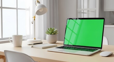 A modern laptop with a green screen sits on a wooden desk next to a lamp and a potted plant.