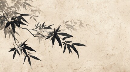 Minimalist Japanese ink-style bamboo leaves over warm beige washi texture