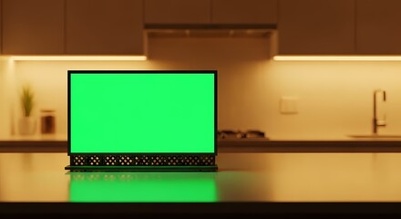 A laptop with a green screen sits on a reflective countertop in a modern kitchen.