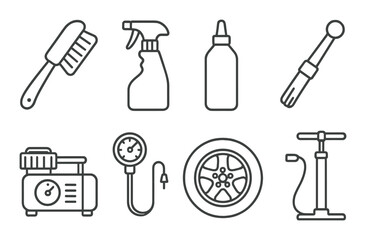 Cycling maintenance tools set: pump, brush, spray, nozzle, tire, gauge, compressor icons