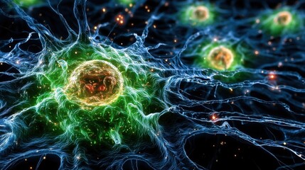 Artistic depiction of a spherical cell virus with bright green outer glow, orange-yellow nucleus,