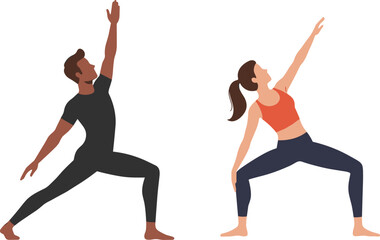 Yoga practice, warrior pose, focused individuals, mindfulness exercise, balanced postures, physical wellness, fitness routine, tranquil moment