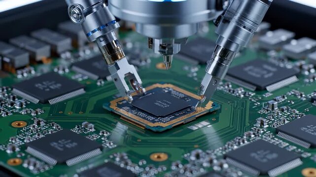 Installing a CPU into a motherboard using a robotic manipulator. Concept of a powerful computer.