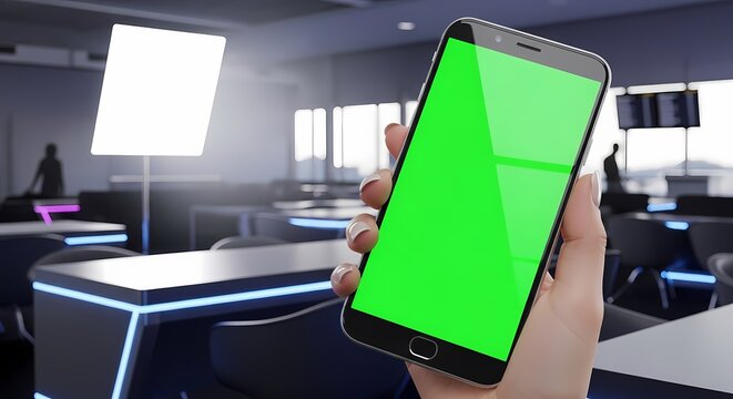 Hand holding a smartphone with a green screen in a modern, futuristic office or studio.