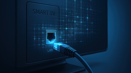 Smart tv lan port with glowing ethernet cable illustrating smart data flow and network connection in blue futuristic setting evoking fast streaming and secure connectivity