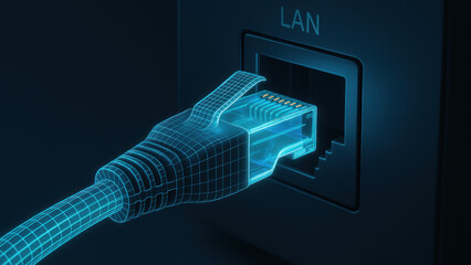 Lan port smart tv data flow illustration showing network cable plug glowing in wall socket with futuristic digital wireframe and soft blue light conveying connection and speed