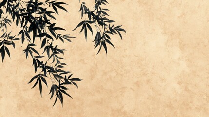 Minimalist Japanese ink-style bamboo leaves over warm beige washi texture