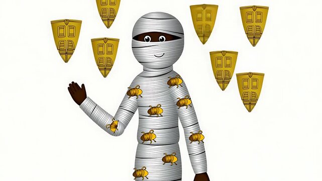 Smiling Mummy Character with Golden Scarabs and Shields on White Background