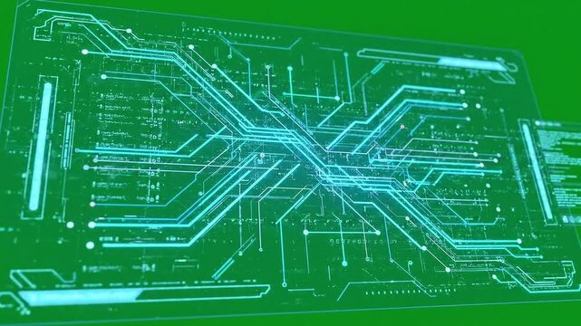 Animated futuristic AI interface graphics over a vivid chroma-green background. Perfect for sci-fi edits, tech intros, presentations, or tutorials needing an artificial intelligence theme with easy ke