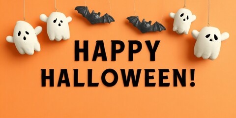 halloween greeting with bold black text on orange background surrounded by hanging cartoon ghosts and bats in playful festive composition