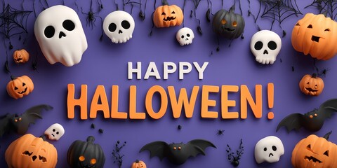 halloween greeting with bold white and orange text on purple background surrounded by pumpkins, skulls, bats, spiders, and black branches in spooky festive composition