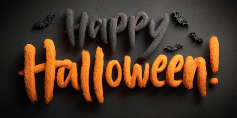 halloween greeting with textured orange and gray lettering on black background surrounded by black bats for bold and spooky festive composition
