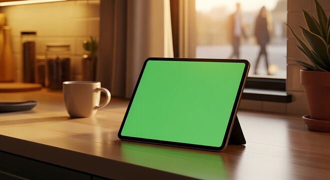A digital tablet with a green screen sits on a wooden kitchen counter in the warm light of a sunrise. - Powered by Adobe