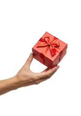 Hand Holding Red Gift Box with Bow, Isolated on Transparent Background, Ideal for Holiday, Celebration, Birthday, Christmas, Giving, and Special Occasion Concepts
