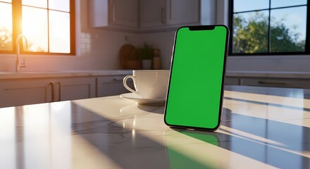 Smartphone with green screen on kitchen counter with coffee cup.